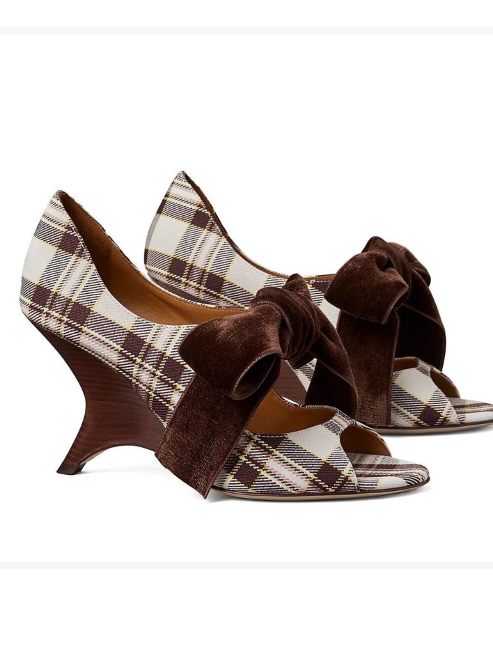 Tory Burch Tory Charm Plaid Velvet Bow Wedge Heels NWOB 5.5